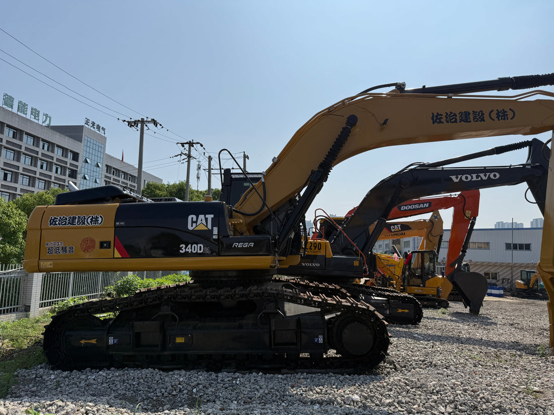2022 used CAT 340D2L excavator left side view in the machinery yard